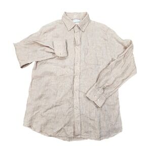 Porter & Ash Men's 100% Linen Button Down Shirt Tan Contrast Cuff Size Large